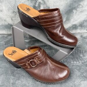 Sofft Brown Leather Wedge Heel Clogs Womens Size 8M Comfortable Slip On Shoes